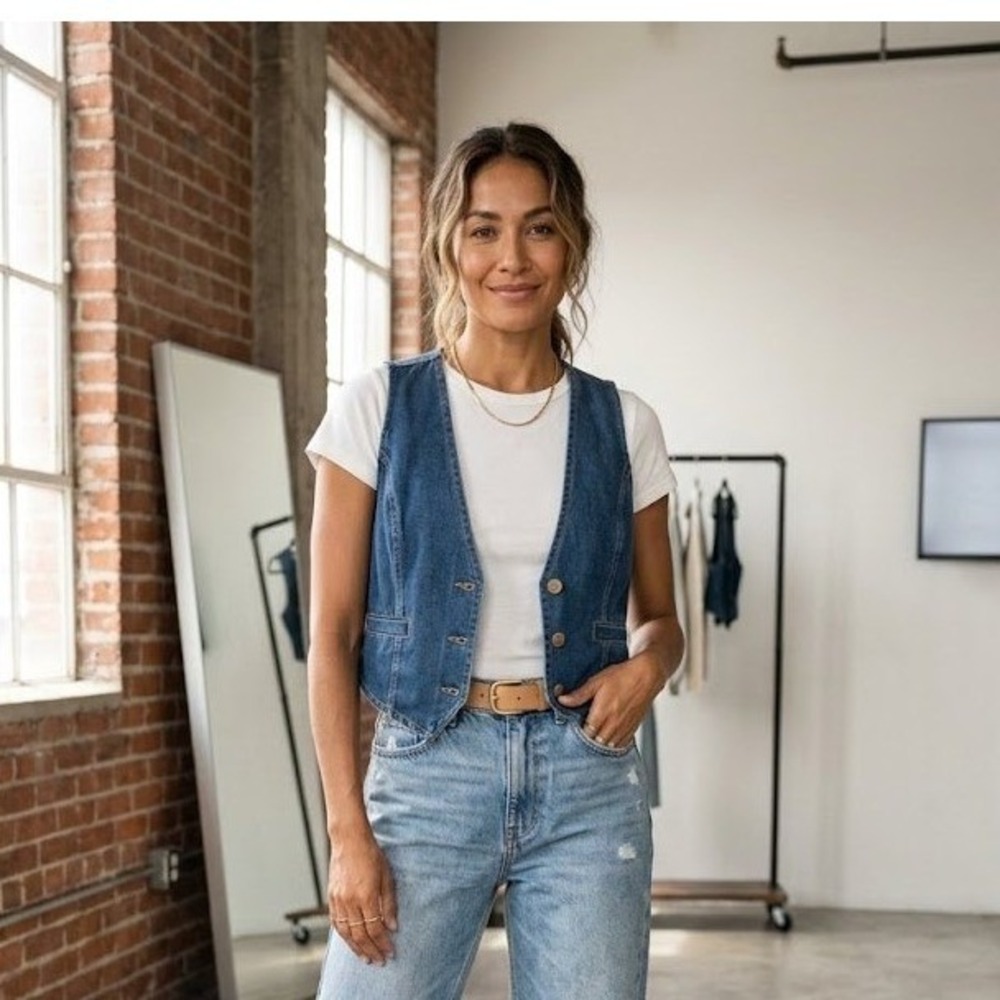Sincerely Jules Denim Vest Medium Wash Cropped Button Front Jean Western Top XL